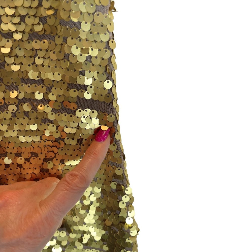 BCBG MAXAZRIA GLAM GOLD SEQUIN STRETCHY BODYCON DRESS SCOOP NECK, LINED SZ S - Picture 6 of 7